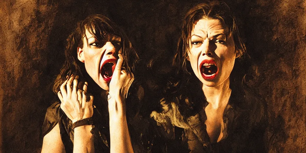 Prompt: portrait of beautiful female Mila Jovovich (yelling) in old west town, in the style of Goya