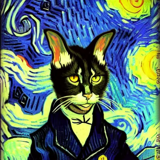 Image similar to a standing cat that has goat horns, anthropomorphic cat wearing dark robes, matte oil painting, by vincent van gogh, eldritch, magical, fog, noble, full body portrait, extremely detailed, cult, ritual, inspiring, award - winning, 4 k, 8 k