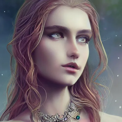 Prompt: beautiful female portrait, inner glow, symmetric face, flowing hair, under the moonlight, gemstone necklace, by wlop, trending on artstation, cgsociety