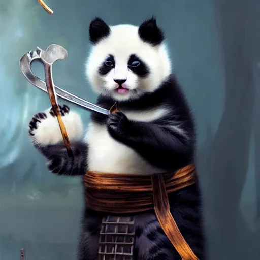 Image similar to cute kitten with panda body and cat face, in a kimono, holds a sword, artwork by greg rutkowski, highly detailed, matte painting, magic the gathering 4 k