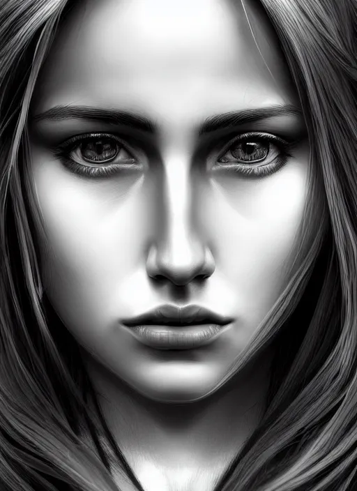 Image similar to up close portrait of a beautiful woman in black and white, photorealistic, intricate hair, art by diego fazio and diegoKoi and oscar Ukono, concept art, sharp focus, artgerm, 8k highly detailed