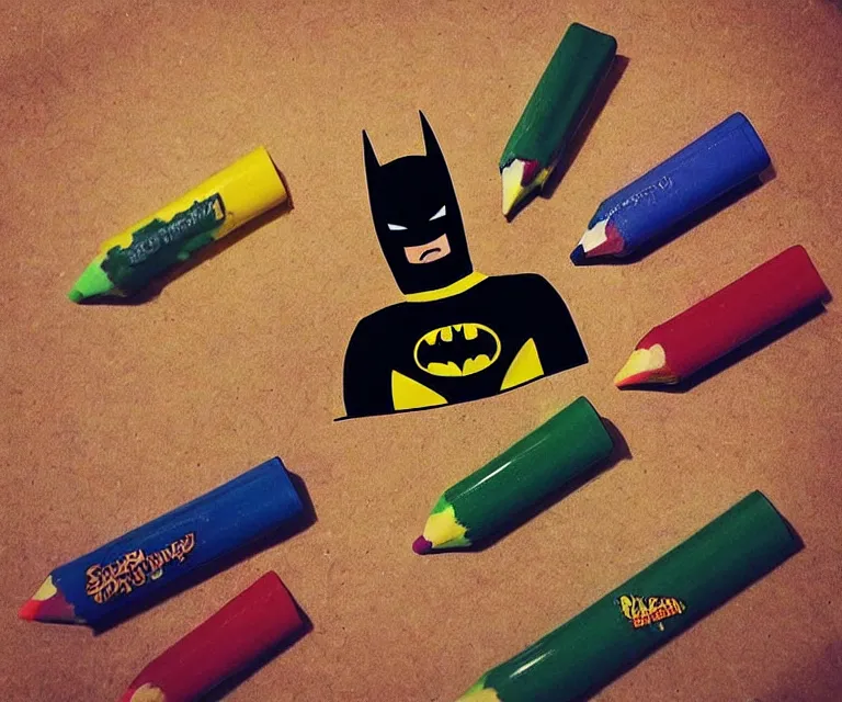 Image similar to “ sad batman crying and stress eating crayons from the box, small hands, simple, hyperrealism, photorealistic, hyperrealism, highly detailed, life like, high def ”