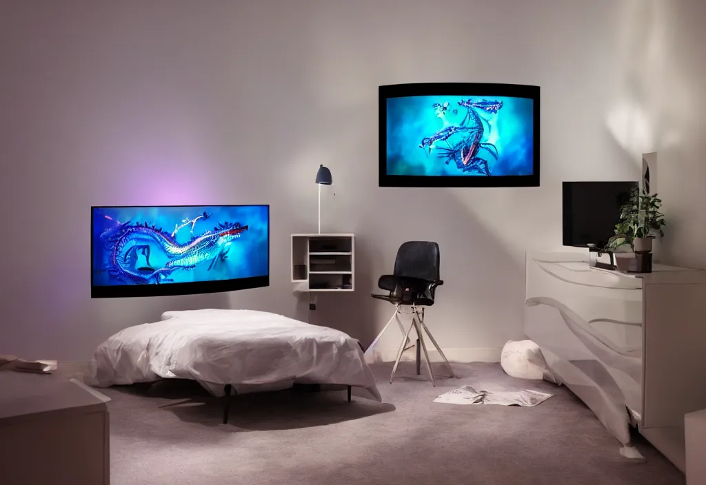 Image similar to curved transparent 3 dtv dragon popping out of tv, volumetric lighting, bedroom, visor, users, pair of keycards on table, bokeh, creterion collection, shot on 7 0 mm, instax