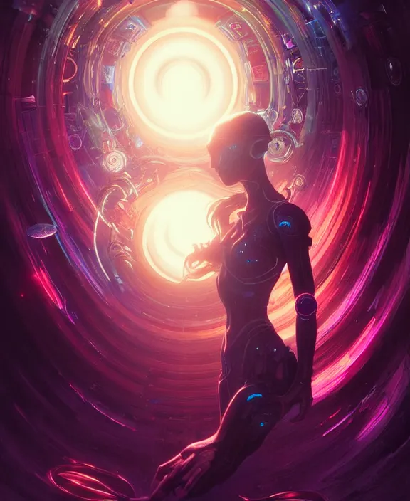 Image similar to a whirlwind of souls rushing inside the metaverse, half body, glowin eyes, android, cyborg, cyberpunk face, by loish, d & d, fantasy, intricate, elegant, highly detailed, colorful, vivid color, digital painting, artstation, concept art, art by artgerm and greg rutkowski and alphonse mucha and ruan jia