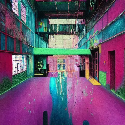 Image similar to 9 0 s interior with organic arched windows, rain like a dream, oil painting, volumetric lighting, cyberpunk, basquiat + francis bacon + gustav klimt + beeple, elevated street art, fantasy lut, textural, pink, blue, purple, green,