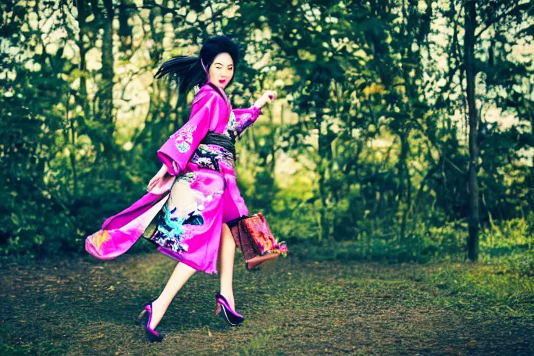 Prompt: photo, young woman running from monster, high heels, colorful kimono