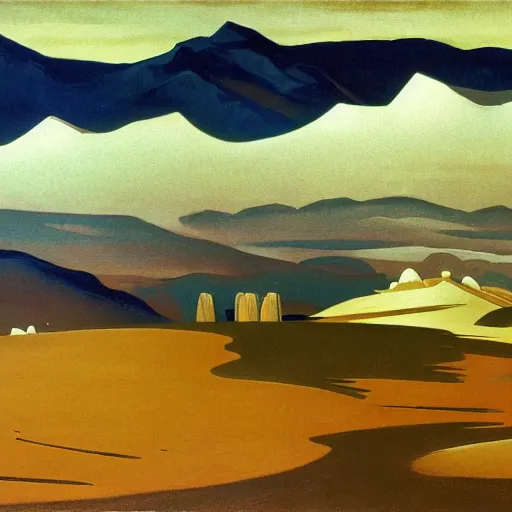 Prompt: a oil painting of a battlefield in a desertic landscape surrounded by mountain, stylised storm, by nicholas roerich, by frank frazetta by georgia o keeffe by frederick william elwell, by hans emmenegger, by eyvind earle highly detailed, realistic, outline, line work, fantasy, oriental, stylised flat colors, animation