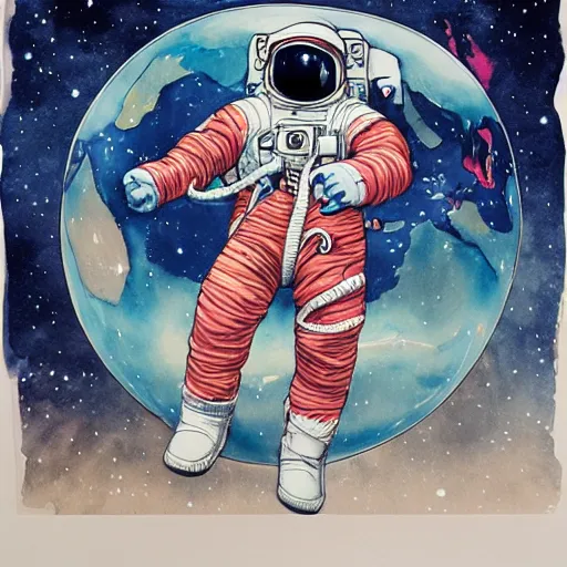 Image similar to james jean water color of an astronaut drifting in space staring at the earth