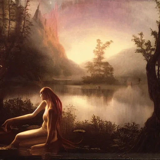 Image similar to rusalka sits by a pond in an apocalyptic dark forest at night, by john martin