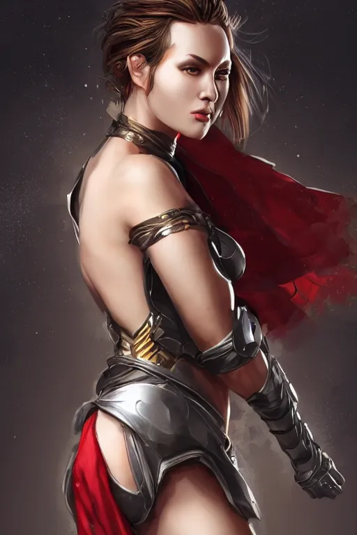 Image similar to three quarters portrait pose of a beautiful woman,super hero costume,heroic pose,highly detailed, digital painting,illustration, art by Stanley Lau