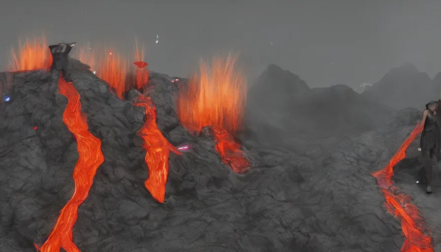 Prompt: A designer fashion Catwalk on a active volcano with lava, Fashion Photography, Octane, Redshift, High Detail