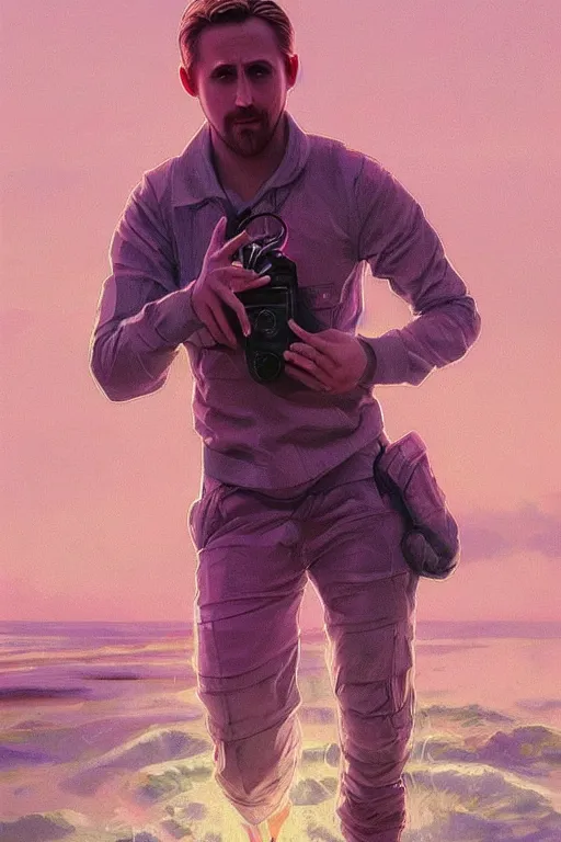 Image similar to ryan gosling robotic clothes in the beach purple sun, pink lighting ultra realistic photorealistic highly detailed high quality, a stunningly, digital painting, artstation, concept art, smooth, sharp focus, illustration, art by artgerm and greg rutkowski and alphonse mucha 8 k