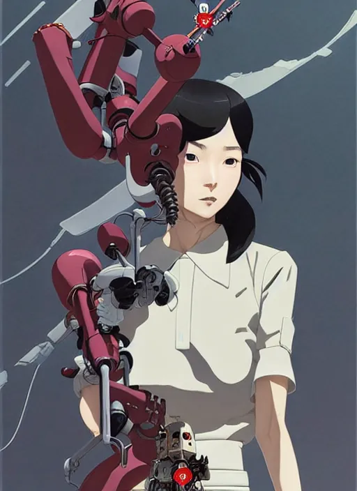 Image similar to Artwork by James Jean and Phil noto and hiyao Miyazaki ; a young Japanese future police lady named Yoshimi battles an evil natures carnivorous robot on the streets of Tokyo; Art work by hiyao Miyazaki, Phil noto and James Jean