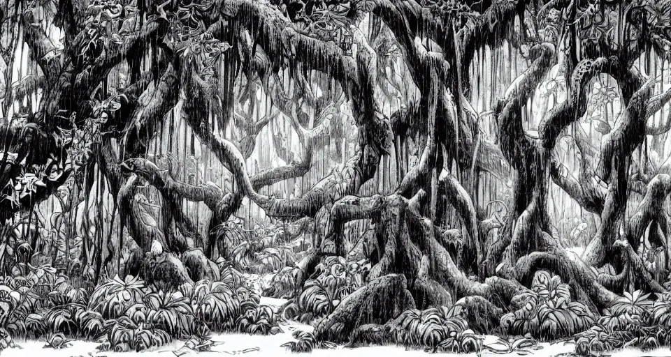 Image similar to A dense and dark enchanted forest with a swamp, by Eiichiro Oda