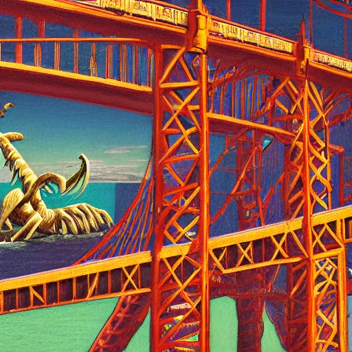 Image similar to giant bone creature standing in the ocean in front of the golden gate bridge, extreme detail, abstract realism, highly ornate intricate details, 1 9 2 0's colored pencil, 4 k, cinematic lighting,