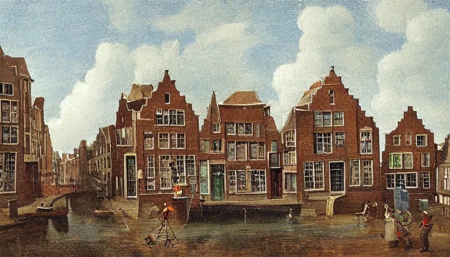 Image similar to dutch townscape scene, isometric view, painting