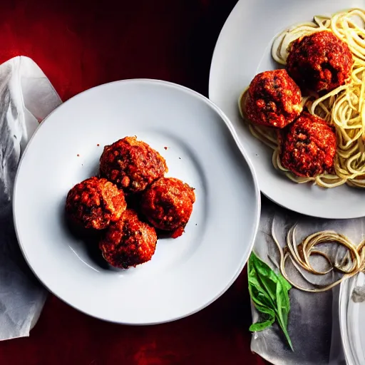 Image similar to food photography of nuclear spaghetti and meatballs