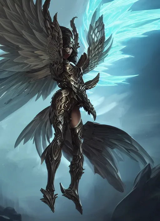 Prompt: a highly detailed illustration of winged divine armored angel, ominous floating pose, intricate, elegant, highly detailed, centered, digital painting, artstation, concept art, smooth, sharp focus, league of legends concept art, wlop.