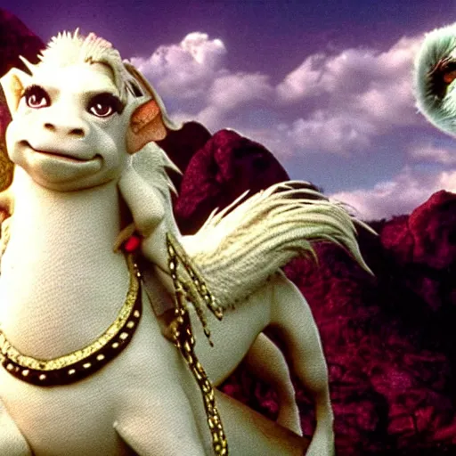 Prompt: Michael Jackson riding on top of Falkor the luck dragon from the film The Neverending Story