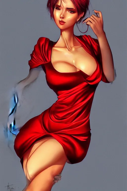 Prompt: Tanned beauty portrait, red satin dress by Artgerm and WLOP, Pixiv