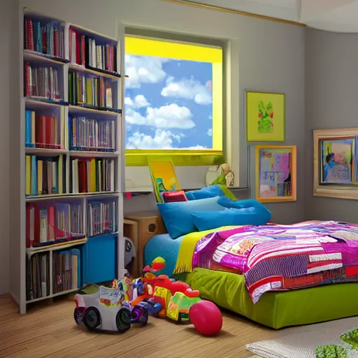 Image similar to eye - level view, in a child's bedroom filled with toys there is a bed under a window. a colorful comforter is on the bed. a super cute gsd puppy runs and jumps and plays on the bed. hilarious, funny, back to school comedy, cg animation, 3 d octane render, imax 7 0 mm,