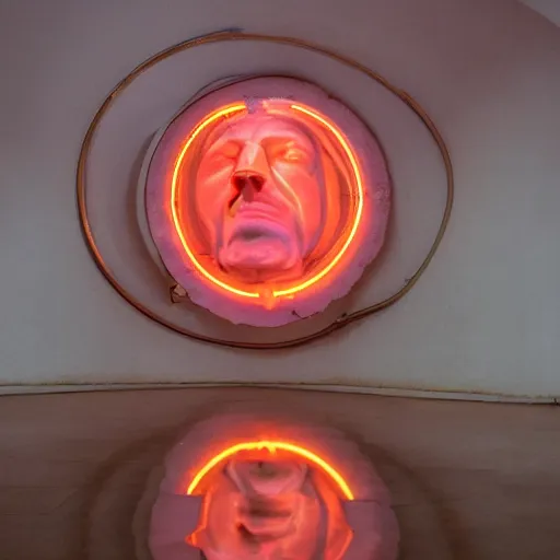 Prompt: a giant neon ring surrounding a renaissance statue head