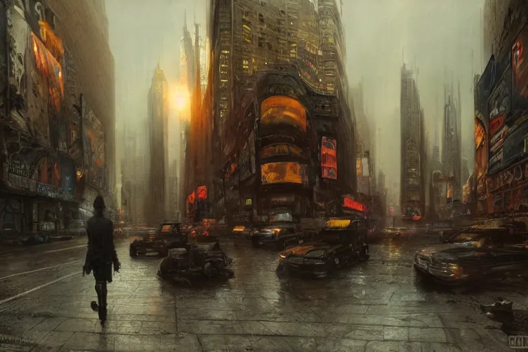 Image similar to New York City, moody scene, highly detailed, intricate, sharp details, dystopian mood, 1950 scene by gaston bussiere, craig mullins, somber lighting, drawn by Giacomo Burattini, inspired by graphic novel cover art