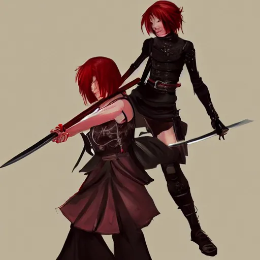 Image similar to a concept art of a boy and a girl with red hair holding a katana, gothic clothes, action shot, highly detailed, digital painting, artstation, concept art, smooth, sharp focus, illustration