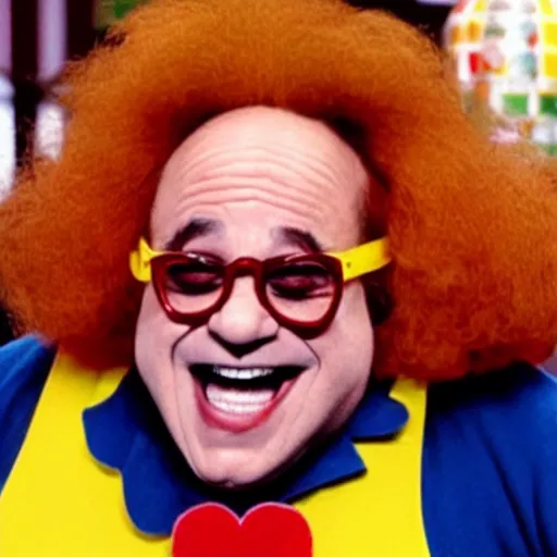 Prompt: “Danny Devito as Ronald McDonald on a television commercial”