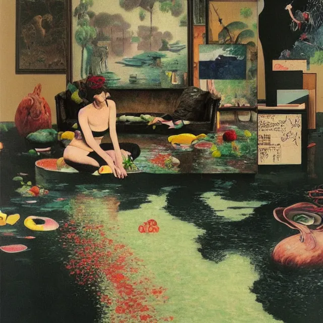 Image similar to emo artist in her flooded lounge room, painting of flood waters inside an artist's loungeroom, a river flooding indoors, pomegranates, pigs, ikebana, zen, water, octopus, river, rapids, waterfall, black swans, canoe, berries, acrylic on canvas, surrealist, by magritte and monet