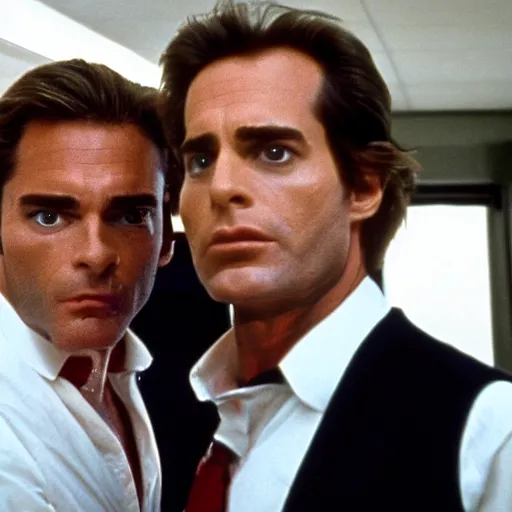 Prompt: huey lewis and the news visit patrick bateman in a pschy ward and give him a kiss on the lips