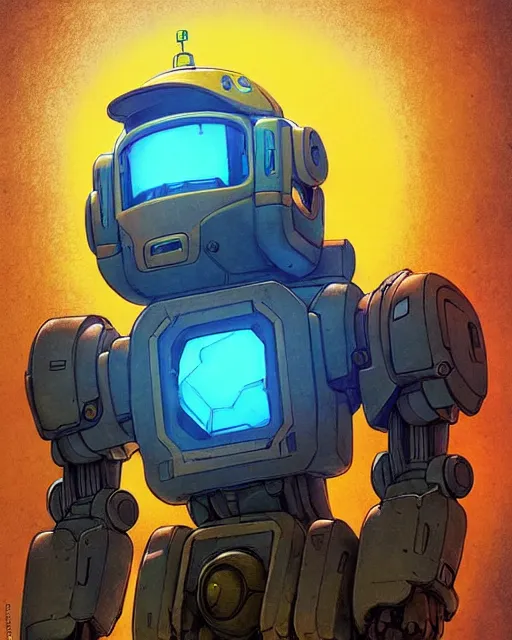 Prompt: bastion the friendly robot from overwatch, with his pet bird, character portrait, portrait, close up, concept art, intricate details, highly detailed, vintage sci - fi poster, retro future, vintage sci - fi art, in the style of chris foss, rodger dean, moebius, michael whelan, katsuhiro otomo, and gustave dore