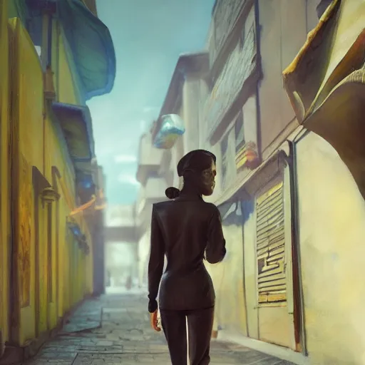 Prompt: a painting of a person walking down a bronze art-deco alley lined with plants, a detailed matte painting by Anka Zhuravleva, cgsociety, light and space, rendered in unreal engine, artstation hq, artstation hd
