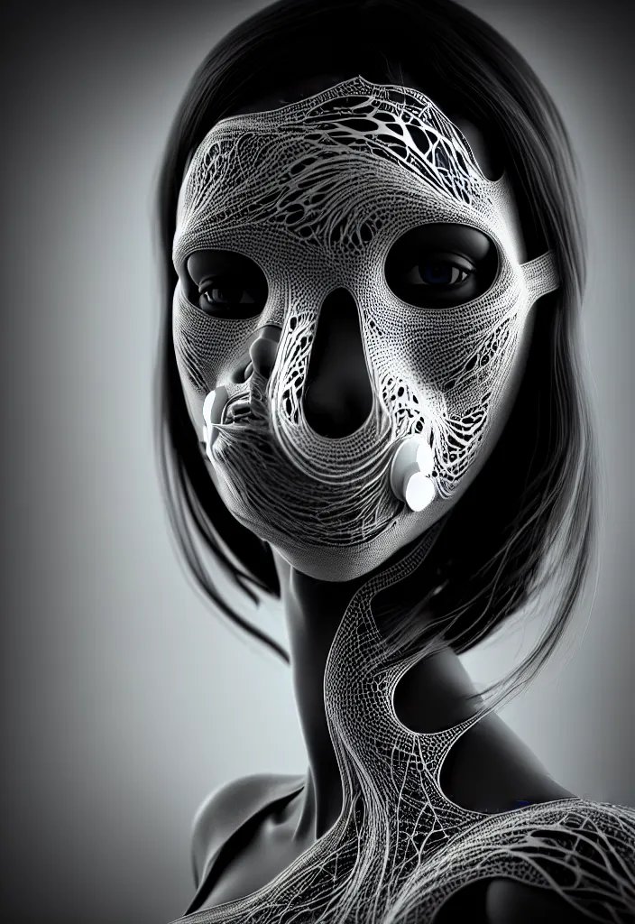 Prompt: young beautiful woman with a face medical mask. fractal, mandelbulb, speed painting, scribble art, octane render. black and white. intricate details, 8k, 3D, beautiful, cinematic. futurism, Unreal Engine, photorealistic.