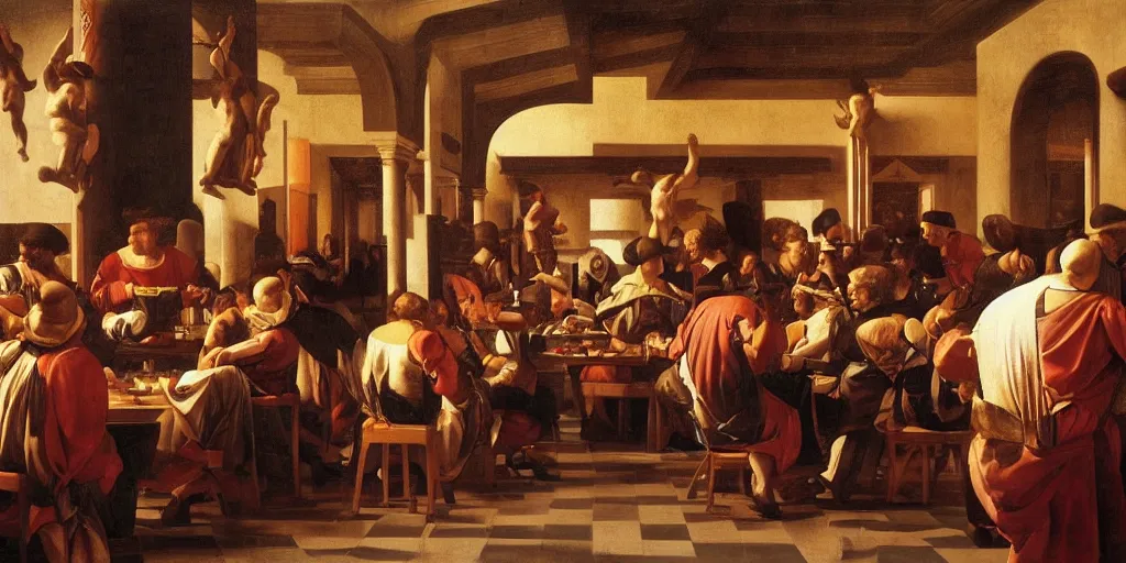 Prompt: Oil painting of a busy McDonald's, renaissance, classical, warm lighting, realistic extremely detailed, artstation, by Leonardo da Vinci, Giovanni Bellini, Caravaggio