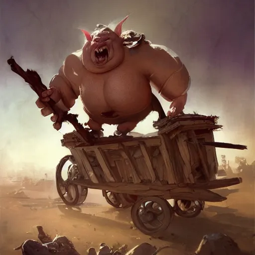 Image similar to fat fantasy goblin riding in a rickety wooden cart holding a lance, organic painting, sunny day, matte painting, bold shapes, hard edges, street art, trending on artstation, by huang guangjian, gil elvgren, ruan jia, greg rutkowski, gaston bussiere