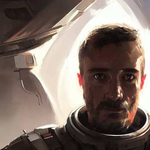 Image similar to Portrait of a man by Greg Rutkowski, he is about 30 years old, Nordic and Hebrew factions, messy brown short hair, strong, tired expression, father figure image, he is wearing a futuristic space gear, highly detailed portrait, scifi, digital painting, artstation, concept art, smooth, sharp foccus ilustration, Artstation HQ.