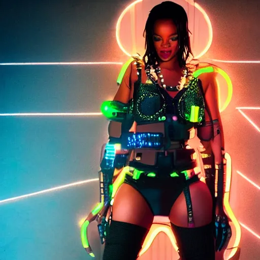 Image similar to portrait of rihanna as a cyborg in a futuristic city, surrounded by neon lights, cinematic, fantasy