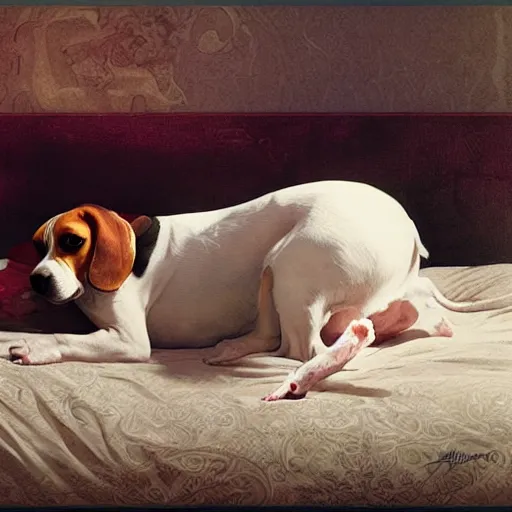 Prompt: a beagle lying on the bed, digital painting, smooth, elegant, hd, art by wlop and artgerm and greg rutkowski and alphonse mucha