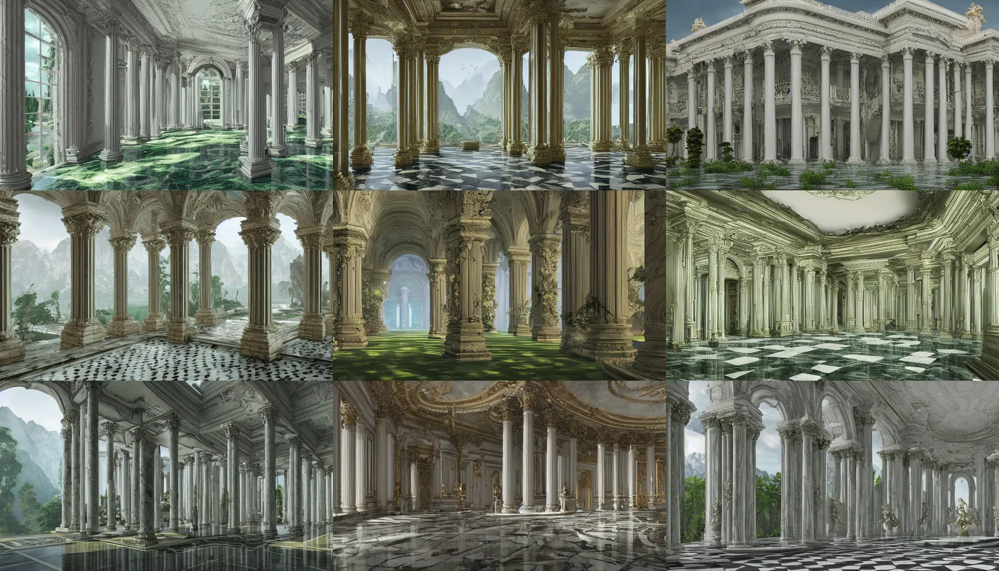 Prompt: Gorgeous marble palace with big windows and columns built in the green giant mountains, hyperdetailed, artstation, cgsociety, 8k