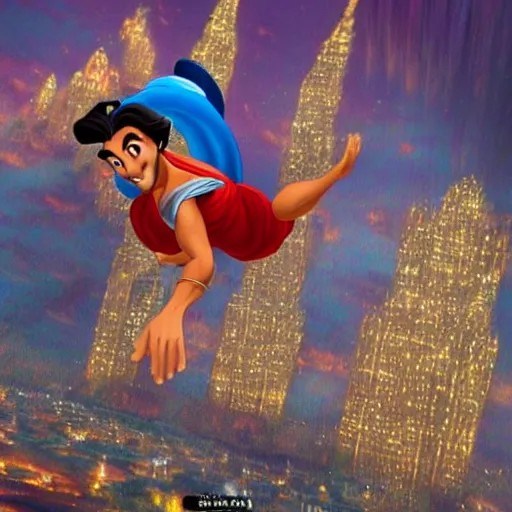 Image similar to hyper realistic aladdin flying into the twin towers on his carpet, award winning,