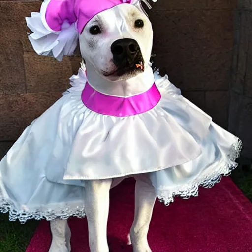 Image similar to a pit bull wearing a maid costume