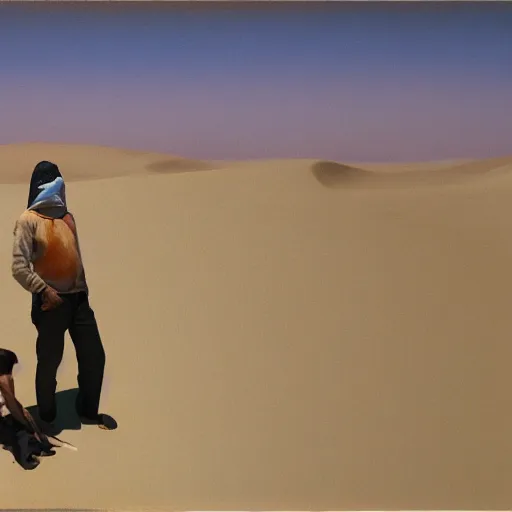 Image similar to the healing of a metaphorical man wearing a white balaclava, healing, appeasing, infinite urban desert, a city made of sand, guerilla, photojournalism, war photography, brown desert, minimalist, oil painting, by francis bacon, emotional conflict, hd, 8 k