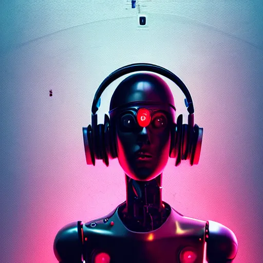 Image similar to a robot with headphones and blood dripping from its eyes, cyberpunk art by beeple, featured on zbrush central, digital art, dystopian art, sci - fi, poster art