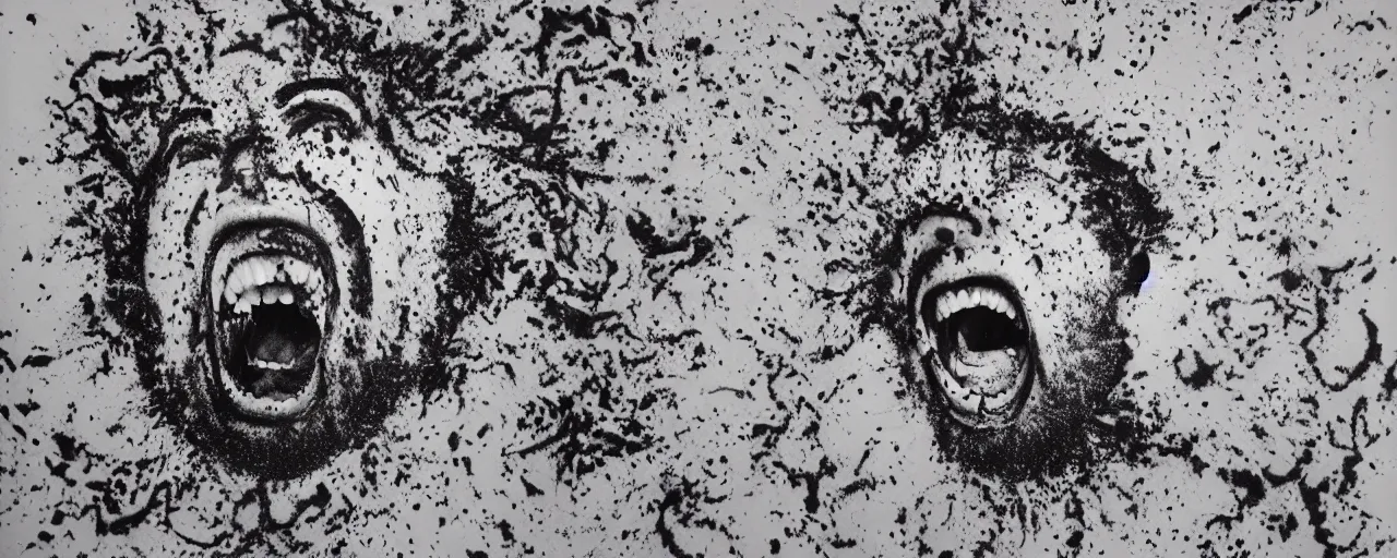 Prompt: portrait of a mad man screaming and laughing with lava bursting from the eyes, black ink stain, by Jimbo Phillips,