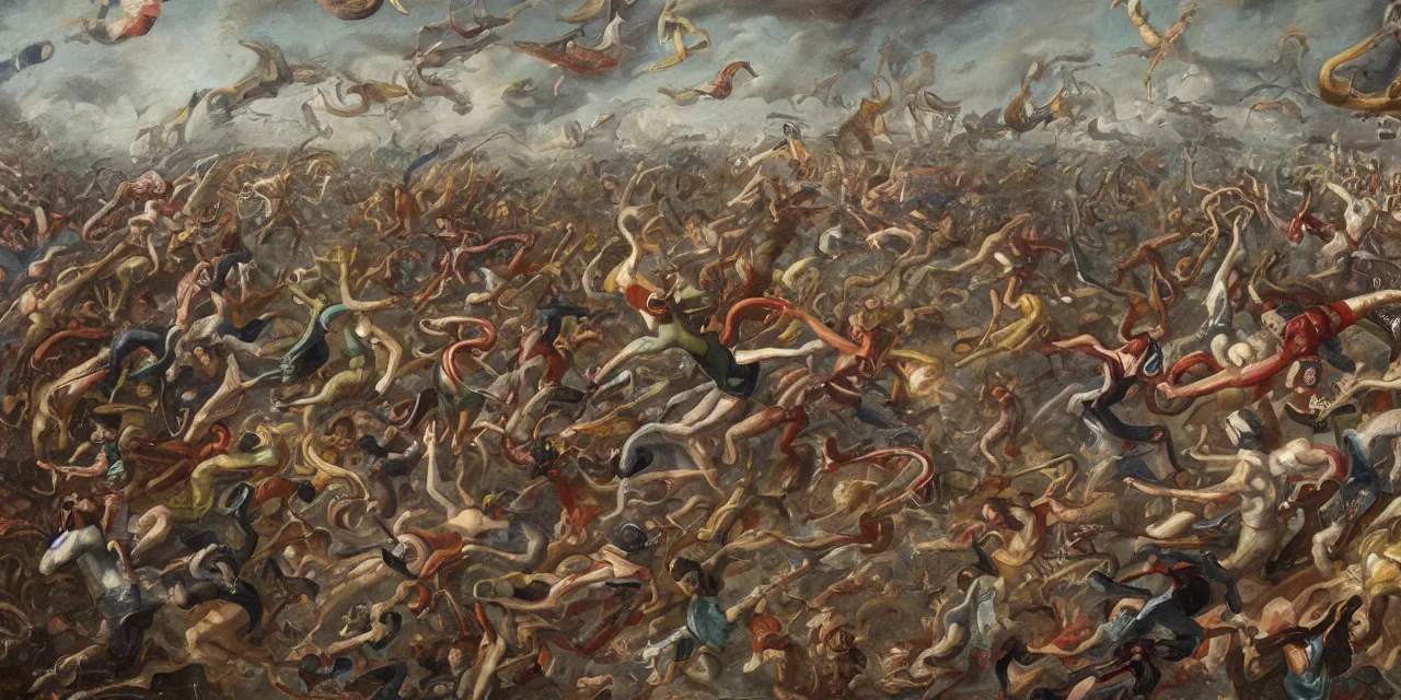 Image similar to flying cephalopods racing towards a crowd of excited humans, race theme future oil on canvas