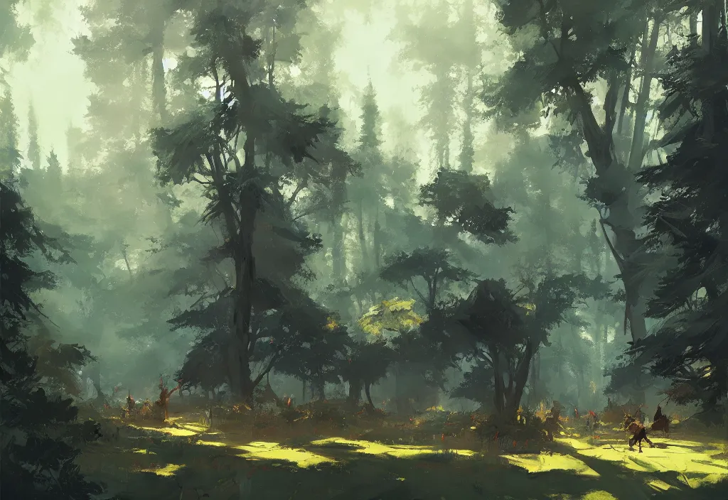 Image similar to greg manchess painting of a forest landscape in the middle ages, painting, trending on artstation, by ismail inceoglu and by craig mullins and by kilian eng and by jake parker