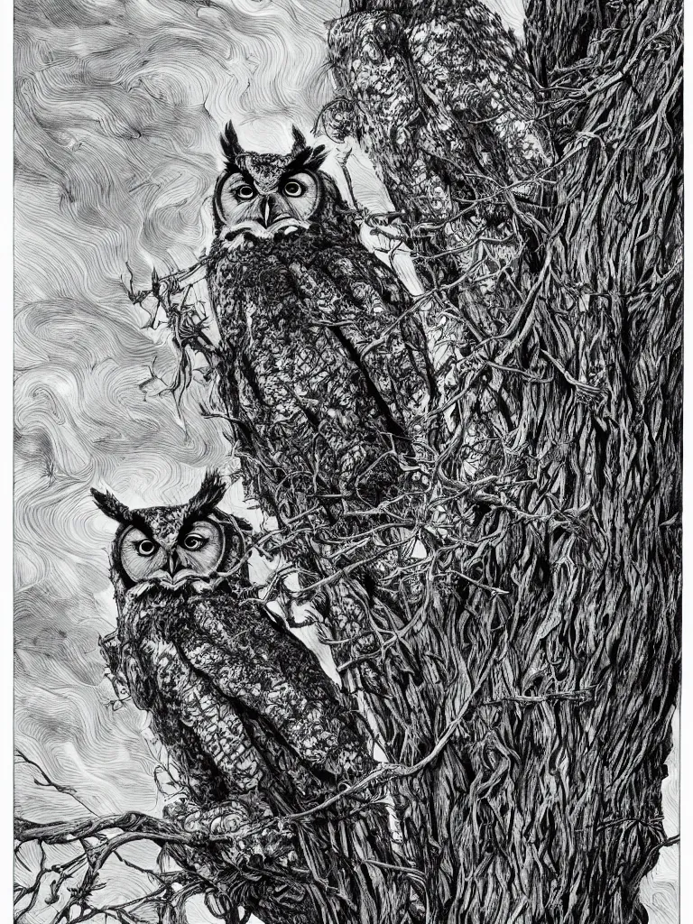 Prompt: hyperrealist highly detailed cinematic lighting studio portrait of a great horned owl sitting on a tree branch, high contrast wood engraving, kentaro miura manga style, shocking detail trending on artstation 8 k