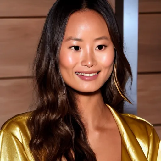 Image similar to jamie chung wearing golden bathrobe highly detailed highly realistic