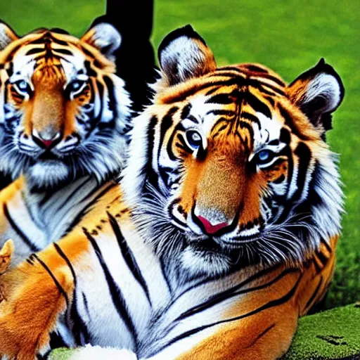 Image similar to two siberian tigers with bat wings posing like super models staring into your eyes with bright blue irises.